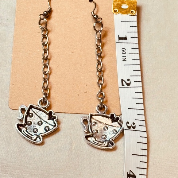 Silver Tone Coffee Cup Earrings on Hook w/Long Dangle Chain - Picture 4 of 4